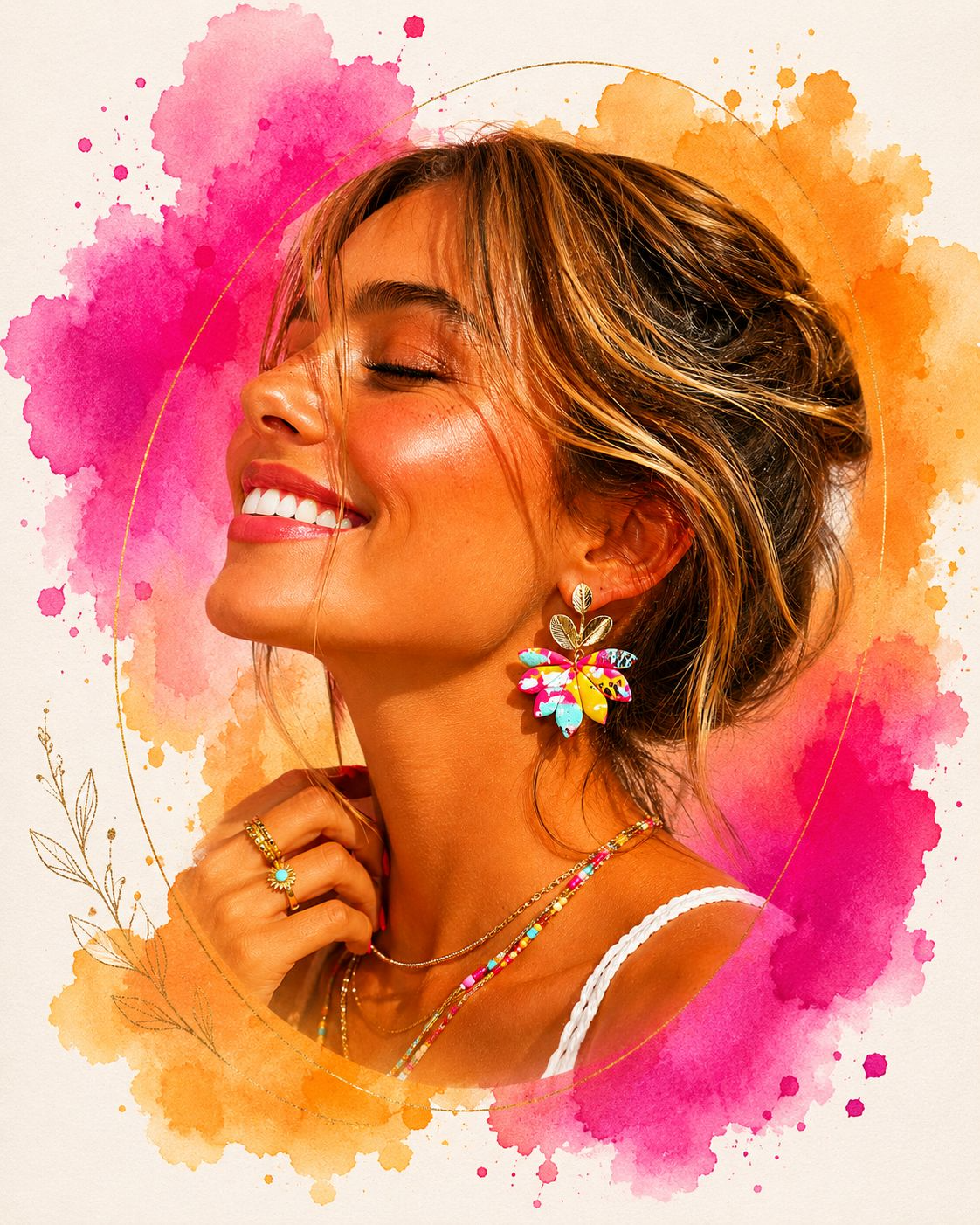Bijoux La Petite Pie, portrait aquarelle fuchsia et orange
